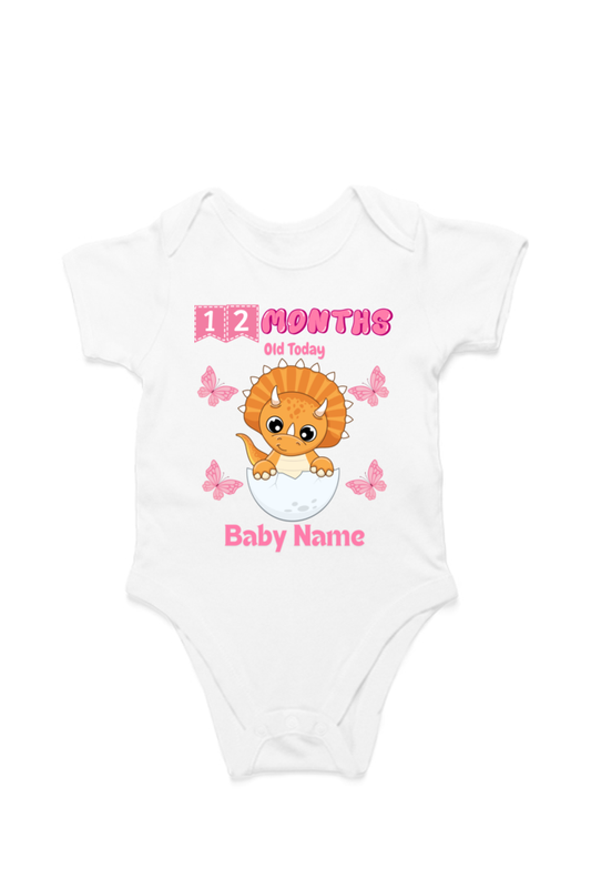 12 Month Celebration : Dino Rompers Printed With Your Baby Girl Name For Their Monthly Milestone